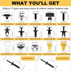 Siptenk 205PCS Car Retainer Clips Fasteners, 17 Popular Sizes Bumper Fender Door Panel Clips Auto Push Pin Rivets Set for Jeep Grand Cherokee WK WK2 Chrysler Dodge Ram