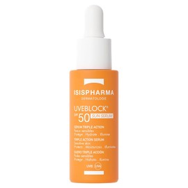 Isispharma Uveblock Sun Serum SPF50 - Hidrata 8h, Protege e Ilumina - Efecto Resplandor - Alta Protección Solar - Textura Fluida y No Grasa - Diseñado y Fabricado en Francia