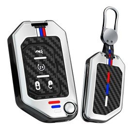 HIBEYO Folding 4 Button Key Fob Cover Compatible with Jeep Wrangler JL JLU Gladiator 4XE Accessories Alloy Carbon Fiber Texture Key Shell with Keychains-4 Button Silver