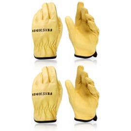 FEISHDEK Kids Leather Gardening Gloves, Toddler Work Gloves, Perfect for Children Gardening for Kids Age 2-12 (Yellow - 2 Pairs, X-Large (8-12 Years Old))