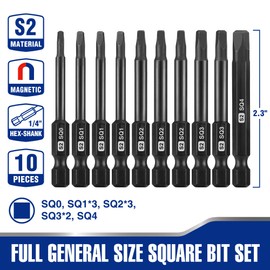 WORKPRO 10pcs Square Bit Set, CNC Machined S2 Steel Magnetic Screwdriver Bits Set, 1/4 Inch Hex Shank Driver Bits, 2.3 Inch Long Screwdriver Bits Set with Storage Box