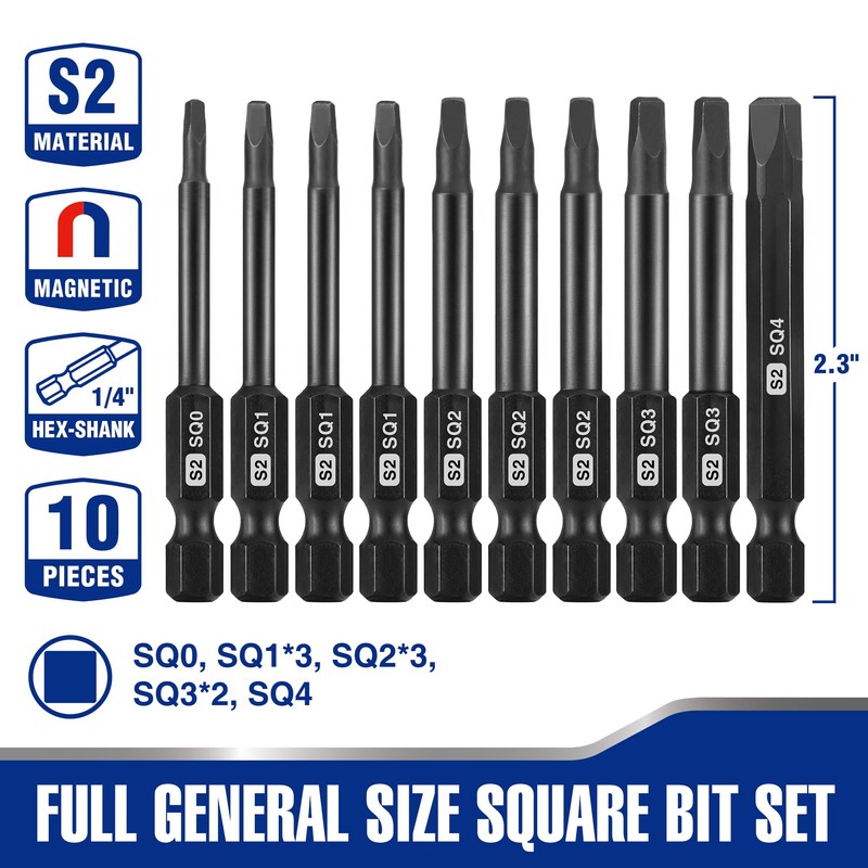 WORKPRO 10pcs Square Bit Set, CNC Machined S2 Steel Magnetic
