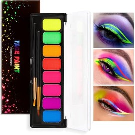 Neon UV Glow Face Paint Palette, 8 Fluorescent Colours, Water-Activated Eyeliner Set with Brush