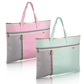 Realand 2Pcs A4 Waterproof Document Bag File Organizer, 3 Pockets Oxford Zipper Pouches for Organizing with Handle, Notary Bag for Paper Books Project Tote Bag, Green and Pink