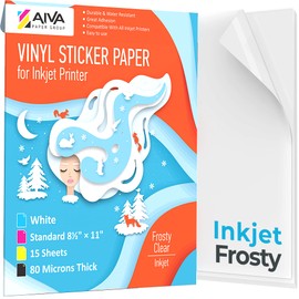 Papel calcomanía de vinilo imprimible para impresora de inyección de tinta, transparente esmerilado, semitransparente, 15 hojas autoadhesivas, papel calcomanía impermeable, tamaño estándar de letra