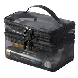 Gripebao Double Layer Makeup Bag, Mesh Cosmetic Bag with Handle, Double Zipper Beauty Make up Bag, 2 Compartment Toiletries Storage Bag, Portable Travel Cosmetic Case Organizer for Women Girls, Black