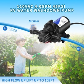 110V RV Fresh Water Transfer Pump for garden Hose Pool Draining Irrigation Diaphragm Pump 4.0GPM 45PSI Water Pressure Booster Pump On Demand Diaphragm Washdown Pump