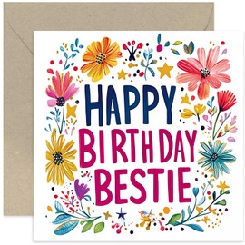 Best Friend Birthday Card - Female BDay Gifts for Women - Colourful Floral Artwork - 18th 21st 30th 40th 50th - Blank Inside with Envelope