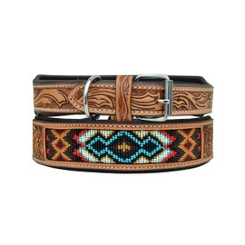 Leather Dog Collar Extra Small Size Western Style Heavy Duty Hand Tooled Adjustable Beaded and Padded Soft for Puppies and Big Dogs 10AB028-XS