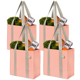 VENO 4 Pack Reusable Grocery Shopping Bags, Valentines Day Small Tote Bag w/Handle & Hard Bottom, Heavy Duty, Foldable - Pink