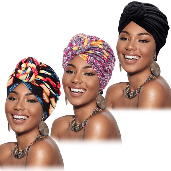 Mudder Lot de 3 turban africains pré-noués pour femme Taille Unique Multicolore