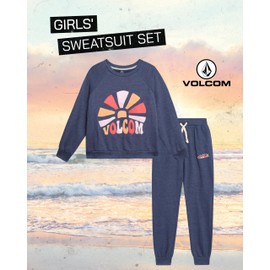 Volcom Girls' Sweatsuit Set - 2 Piece French Terry Pullover Crewneck Sweatshirt and Jogger Sweatpants Set for Girls (7-12), Size 10, Navy