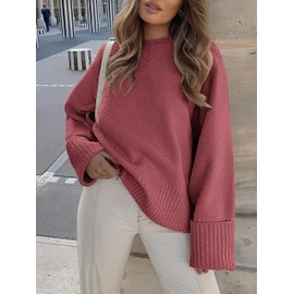 Jhsnjnr Women's Chunky Knitted Pullover Sweater Oversized Long Sleeve Tops Fall Casual Crew Neck Fuzzy Sweaters Fuchsia