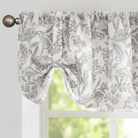 Lazzzy Farmhouse Valance Curtain Grey Linen Floral Lined Tie Up Valance for Kitchen Living Room Bathroom Country Valances Window Treatments Small Curtian 20 Inch Rod Pocket 1 Panel, Gray on Beige