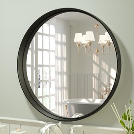 TETOTE Black Round Mirror, 24 Inch Circle Mirrors for Bathroom, Matte Metal Framed Farmhouse Wall Mounted Decorative Modern Vanity Entryway Mirror