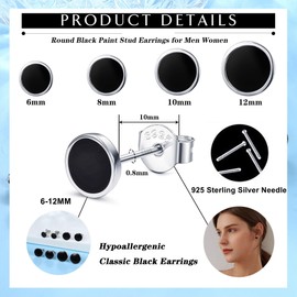 JeweBella 4 Pairs Black Stud Earrings for Men Women 925 Sterling Silver Black Earrings Set Hypoallergenic Classic Round Black Earrings Men Piercings Cartilage Silver Stud Earrings 6/8/10/12 mm,
