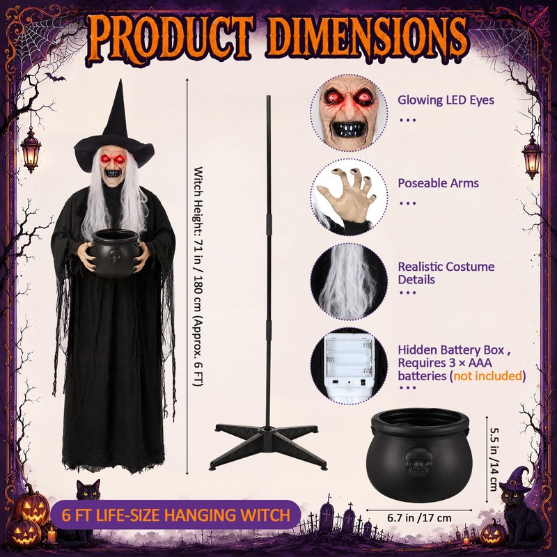 Sanwuta 6 ft Halloween Animated Witch with Light up Cauldron