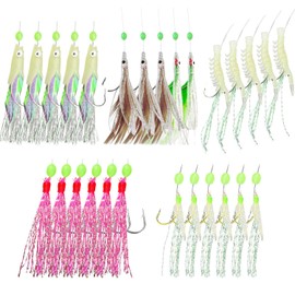 BEANPRECOY 5 Pcs Pre Tied Fishing Hook Set with Bionics Lures, Carbon Steel Barbed Hooks for Saltwater, Includes Quick Swivels Snaps & Glow Beads, Flasher Bait Rigs for Fish Bites