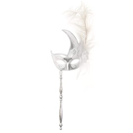 ILOVEMASKS Venetian Masquerade Luxury Feather and Lace Party Mask with Stick (Silver White)