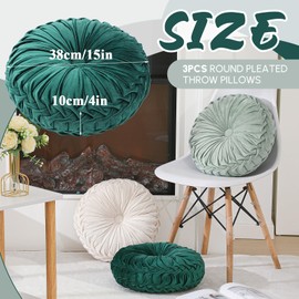Drydiet 3 Pcs Round Pillows 15'' Diameter Velvet Pleated Throw Pillows Accent Pumpkin Throw Pillows Boho Chair Cushion for Couch Sofa Chair Bed Home Decoration, 3 Colors (White, Light Green, Green)