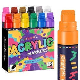 12 Colors Jumbo Graffiti Markers, Large 15mm Felt Tip Waterproof Permanent Acrylic Paint Pens Colored Markers for Rock Painting, Wood, Canvas, Glass, Plastic, Ceramics, Fabric and Outdoor Paintings