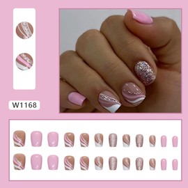 24 Pcs Pink Press on Nails Short Square - WLGDLH Spring Fake Nails Glossy False Nails Press Ons With Glitter Waves Designs Nail Tips Full Cover Acrylic Nail Kit for Women Manicure