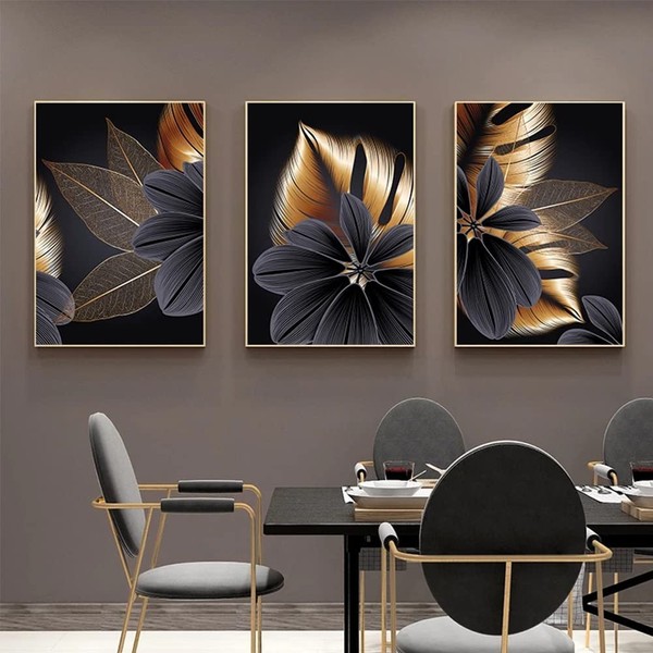 ConBlom Set of 3 Canvas Poster Design Wall Pictures Abstract Black Golden Plant Leaf on Canvas Poster Print Modern Nordic Decoration Wall Art Painting Poster (30 x 40 cm)