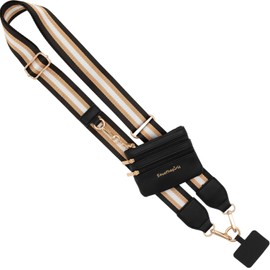 Clip & Go Phone Strap (Stripe - Black/Gold/White - Black Pouch) – Crossbody Phone Chain with Zipper Wallet Pouch – Phone Lanyard for Around The Neck, Phone Wallet, and Cell Phone Holder Badge