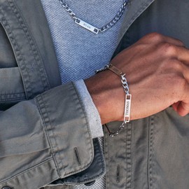 EVE'S ADDICTION Stainless Steel Figaro Chain Engravable Three Name Bar Bracelet - Gifts for Dad