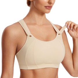 SYROKAN Women's Sports Bra Front Adjustable High Impact Support Padded Wireless Racerback Plus Size Running Bra Oil Beige 36DD