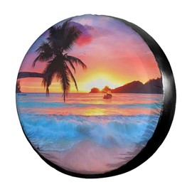 KiuLoam Ocean Sunrise Tropical Palm Tree Spare Tire Cover Polyester Universal Sunscreen Waterproof Wheel Covers for Trailer Rv SUV Truck and Many Vehicles (17" for Diameter 31"-33")