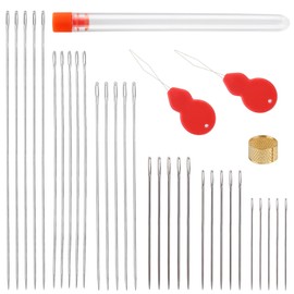 34 Pcs Hand Sewing Needles Set Long Sewing Needles Big Eye Stitching Needles Sharp Upholstery Needles with Thimble Threader and Storage Tube for Quilting Darning and Doll Making