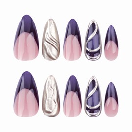 BABALAL Almond Nails Press on Medium Fake Nails Purple French Tip Glue on Nails 3d Texture Sliver Chrome Acrylic Nails 24Pcs Goth False Nails Y2k Vintage Stiletto Manicure Handmade Artificial Nails