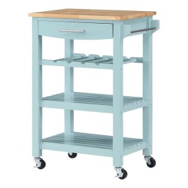 Pemberly Row 4-Tier Butcher Block Kitchen Cart w/ Drawer & Wine Rack - Blue Wood