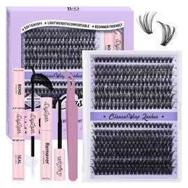 B&Q ClassicWisp Eyelash Extensions Set - 280 Pieces Cluster Lash Set with Bond + Seal + Remover, Eyelash Tweezers & Brush, 40D + 50D Natural Soft D Curl Fake Lashes 8-16 Mix, Black Lash Clusters