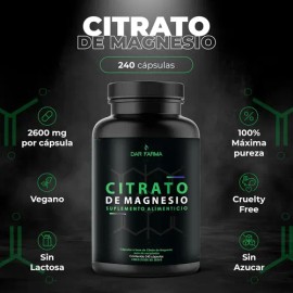 Citrato De Magnesio - 2600 Mg Por Porción - Alta Pureza - Suplemento Alimenticio Para Suministro Prolongado - 240 Cápsulas - Darfarma
