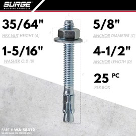 Surge BP - 5/8" x 4-1/2" Zinc-Plated Wedge Anchors for Concrete and Cement | Heavy-Duty Expansion Anchor (Box of 25)