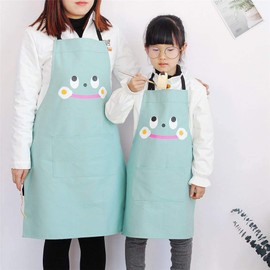 JameStyle26 Mama and Child Apron Made of Cotton & Linen with Animal Motif Star Women's Kitchen Apron Bib Apron Cooking Apron with Pocket Cooking Baking Mum Child Look (Size S & L Set, Smiley Mint)