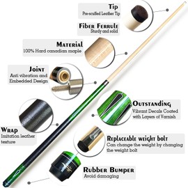 Tai ba cues Pool Cue Pool Stick with Case, 13mm Tip, 58", Hardwood Canadian Maple Professional Billiard Stick 19,20,21 Oz (Selectable)-Blue, Red, Green Pool Cue Stick