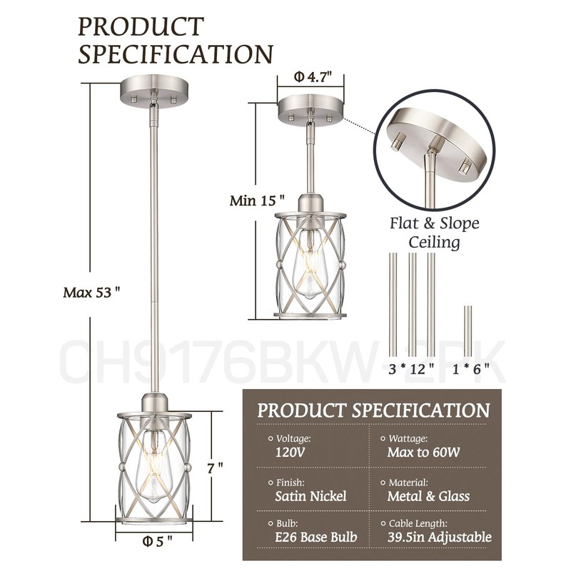 Osimir Brushed Nickel Pendant Lights Kitchen Island 2 Pack, Mini
