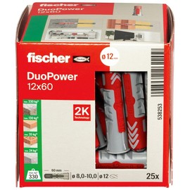 fischer DuoPower 12 x 60, Powerful Universal Plug, Intelligent 2-Component Technology for fastenings in Concrete, Bricks, Stone, etc., 25 Plugs Without Screws