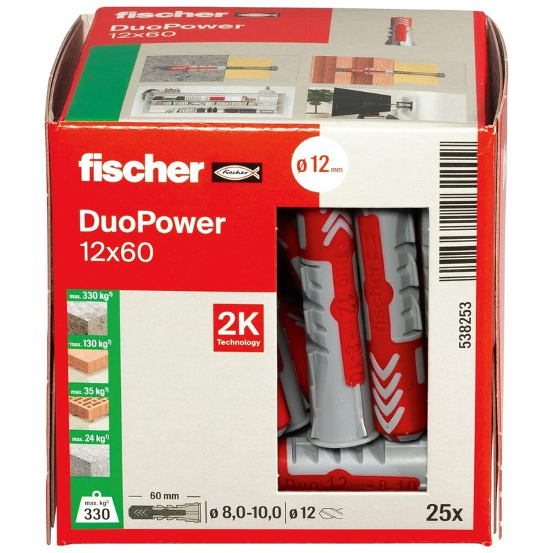 fischer DuoPower 12 x 60, Powerful Universal Plug, Intelligent 2-Component