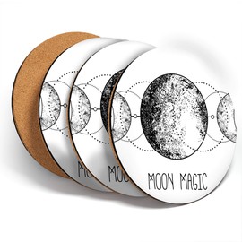 Destination Vinyl ltd Great Coasters (Set of 4) Round - Wicca Moon Magic Astrology Alchemy Boho Drink Glossy Coasters/Tabletop Protection for Any Table Type #46428