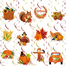 36 Pcs Fall Hanging Foil Swirls Ceiling Decorations Fall Pumpkin Maple Leaf Autumn Swirls Streamers Thanksgiving Turkey Ceiling Hanging Decorations for Home Thanksgiving Harvest Decor Party Decor