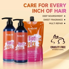 Ecolchi Biotin Oplex Hair Care Set with Shampoo, Conditioner, Hair Mask - Amino Acids Plus Keratin Treatment - Repair Heat Damage, Frizz - Moisturizing Biotin for Dry Damaged Hair- Free Soap Sample