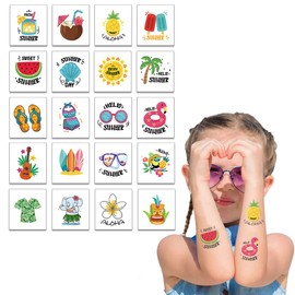 20 Sheets Hawaiian Temporary Tattoos Stickers,Luau Aloha Fake Tattoos Face Sticker Waterproof Removable Glitter Summer Tropical Beach Tattoo for Kid Body Art Birthday Party Supplies