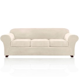 PrinceDeco PriceDeco Velvet XL Couch Cover for Oversized Sofa 4 Piece Sofa Covers for 3 Cushion Couch Washable Furniture Protector with Non Slip Elastic Bottom Width Up to 97 Inch(X-Large, Ivory)