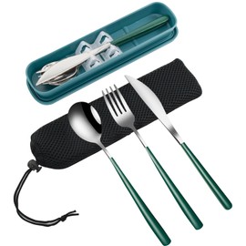VANRA 3-Piece Portable Travel Utensils Set with Case 18/8 Stainless Steel Flatware Set Reusable Cutlery Set with Fork Spoon Knife for Lunch Travel Camping School Work Picnic (Deep Green)