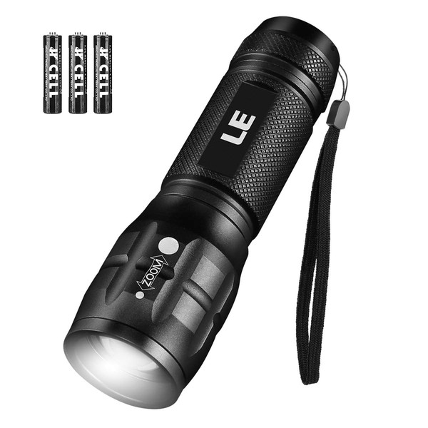 LE LED Flashlight LE1000 High Lumens, Small and Extremely Bright Flash Light, Zoomable, Water Resistant, Adjustable Brightness for Camping, Running, Emergency, AAA Batteries Included