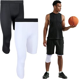 2 Packs One Leg Compression Tights for Basketball Capri Tights 3/4 Compression Pants Men White Black (r Style,Large)